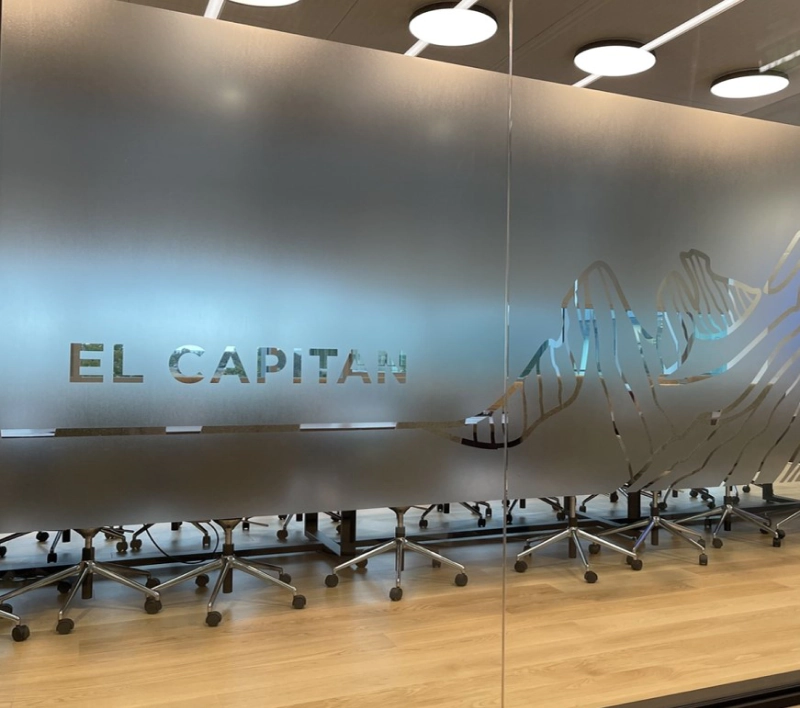 frosted conference room windows with el capitan artwork