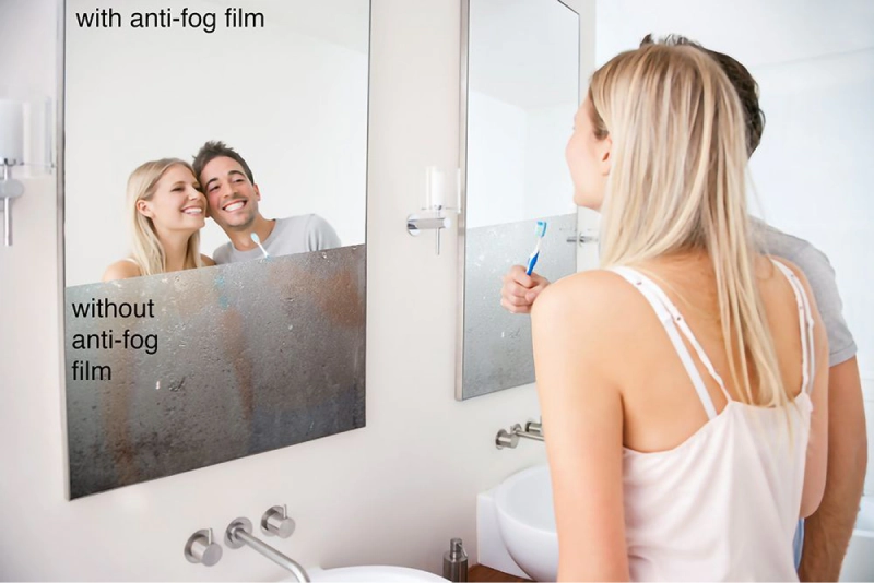 couple brushing teeth and example of mirror with and without anti fog film