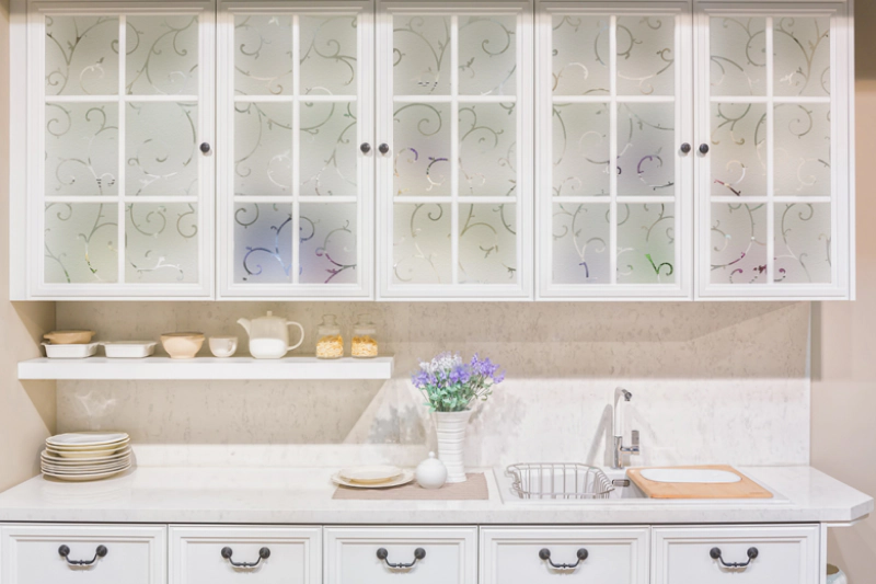 kitchen cabinet doors with decorative frosted film